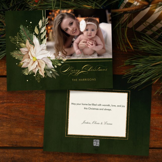 Carte De Vœux En Aluminium Élégante Fleurs de Noël Blanches Calligraphie Phot (Créateur téléchargé)