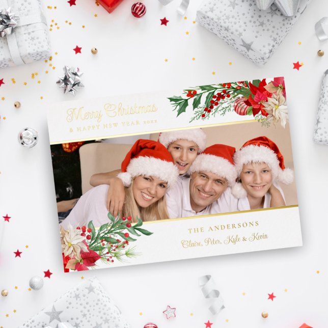 Carte De Vœux En Aluminium Élégante Photo Classique Joyeux Noël Poinsettias (Créateur téléchargé)