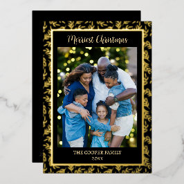 Carte De Vœux En Aluminium Elégante photo de famille moderne Noël Noir & Or