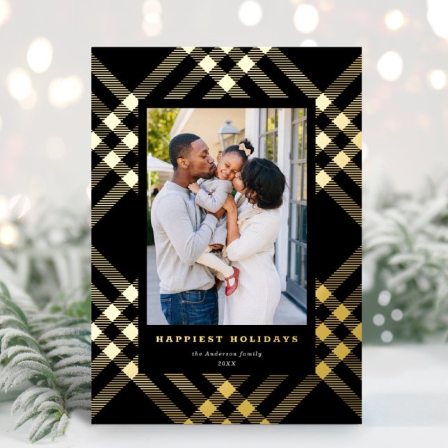 Carte De Vœux En Aluminium Élégante photo de Noël Tartan doré (Créateur téléchargé)