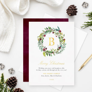 Carte De Vœux En Aluminium Élégante verdure hivernale Monogramme Wreath Gold