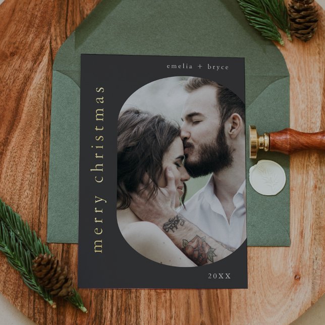 Carte De Vœux En Aluminium EMELIA Gray Gold Foil Photo Joyeux Noël (EMELIA Gray Gold Foil Photo Merry Christmas Foil Holiday Card)