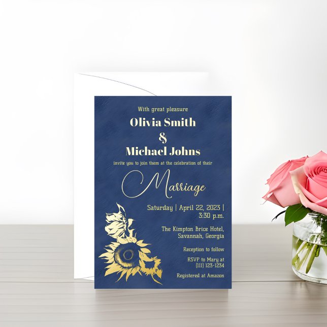 Carte De Vœux En Aluminium Faire-part de mariage d'or Sunflower Navy (Créateur téléchargé)