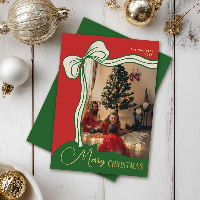 Carte De Vœux En Aluminium Festif moderne rouge photo verte Noël (Créateur téléchargé)