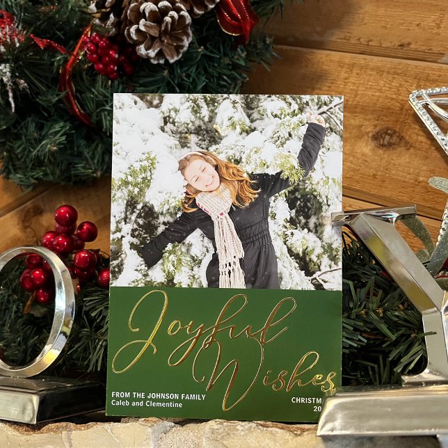 Carte De Vœux En Aluminium Festif Vert Joyeux voeux Noël Photo Gold (Créateur téléchargé)