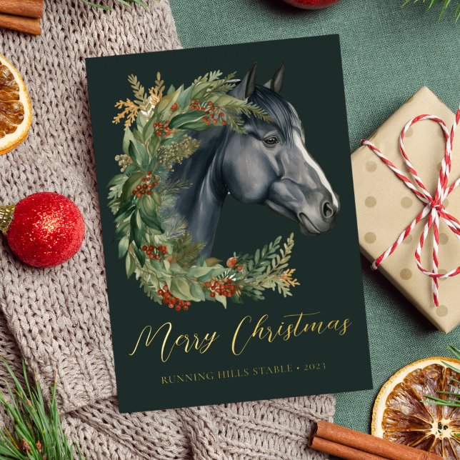 Carte De Vœux En Aluminium Festive Cheval d'aquarelle Noël équestre (Créateur téléchargé)