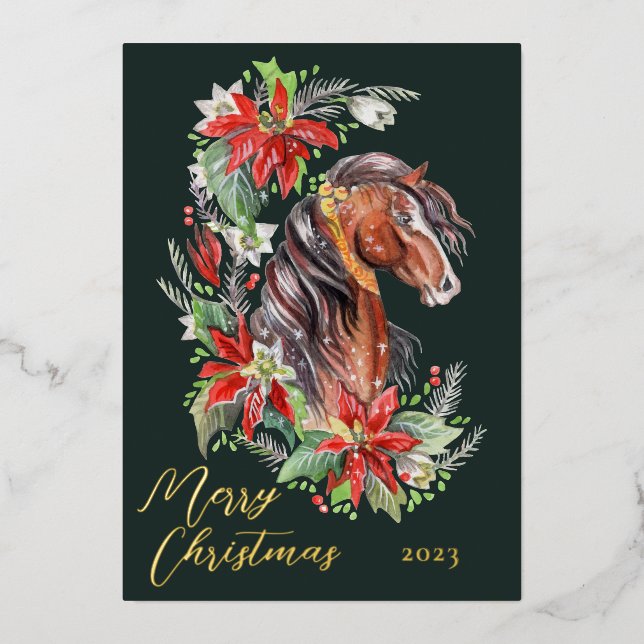 Carte De Vœux En Aluminium Festive Cheval d'aquarelle Noël équestre (Recto)