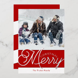 Carte De Vœux En Aluminium Festive Joyeux Script Red & Silver Photo Noël