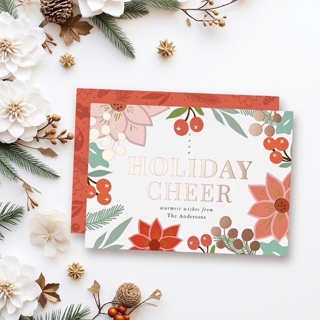 Carte De Vœux En Aluminium Festive Poinsettia Berry Crème Noël (Créateur téléchargé)