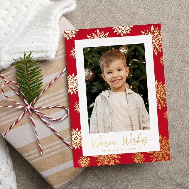 Carte De Vœux En Aluminium Festive Rouge et Or Snowflakes Photo (Créateur téléchargé)