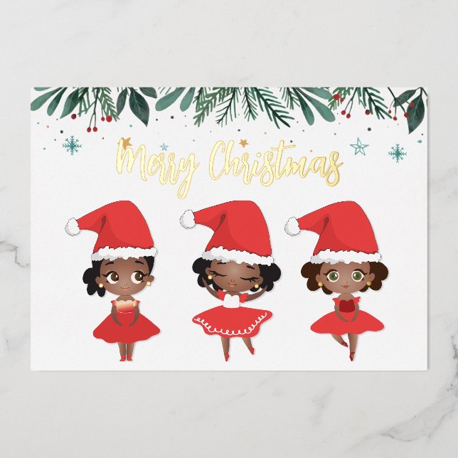 Carte De Vœux En Aluminium Filles noires Noël Chapeau de Noël Ballerinas (Recto)