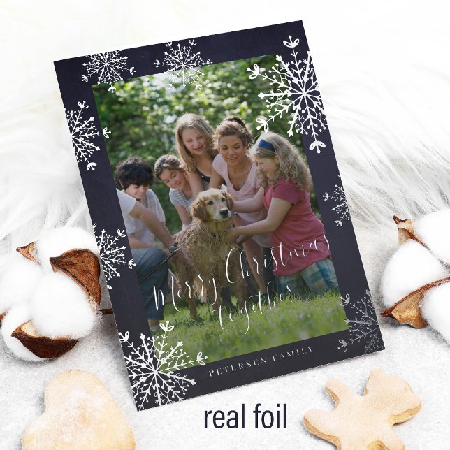 Carte De Vœux En Aluminium Flakes blancs 2 photos famille Noël marine (Créateur téléchargé)