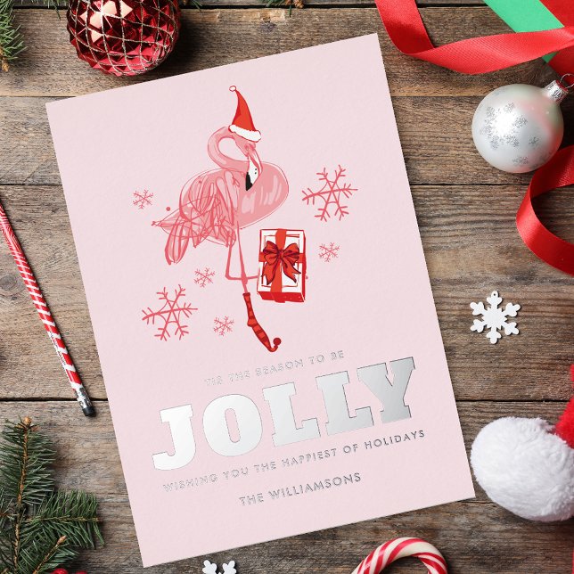 Carte De Vœux En Aluminium Flamant rose rose Tropical Père Noël Noël (Pink Flamingo Tropical Santa Christmas Silver Foil Holiday Card)