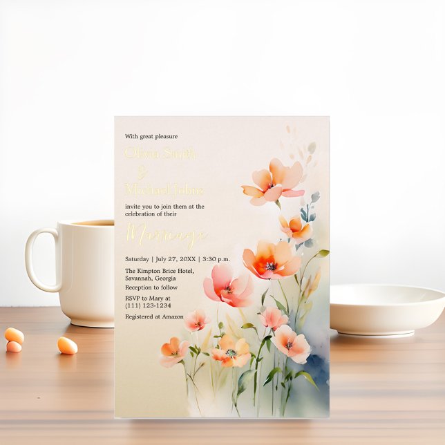 Carte De Vœux En Aluminium Fleur sauvage Aquarelle Véritable feuille Mariage  (Créateur téléchargé)