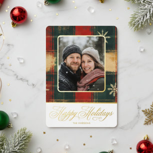 Carte De Vœux En Aluminium Flocon de neige rustique Plaid Photo Noël
