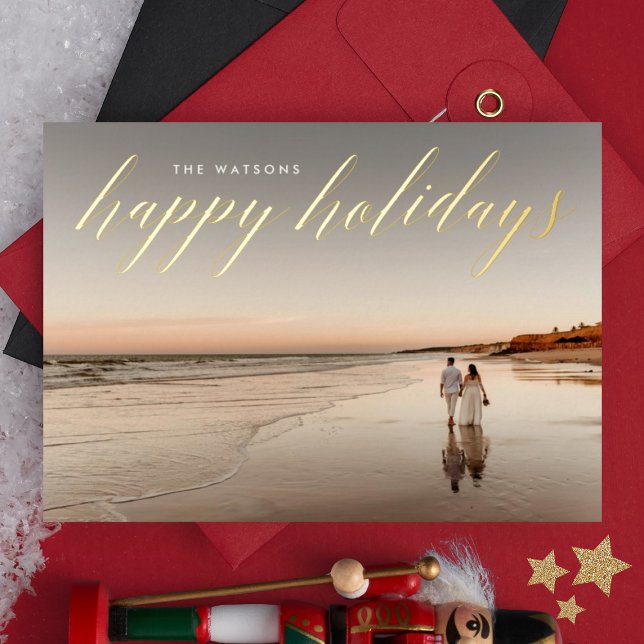 Carte De Vœux En Aluminium Gold Calligraphy Happy Holidays Photo (Créateur téléchargé)