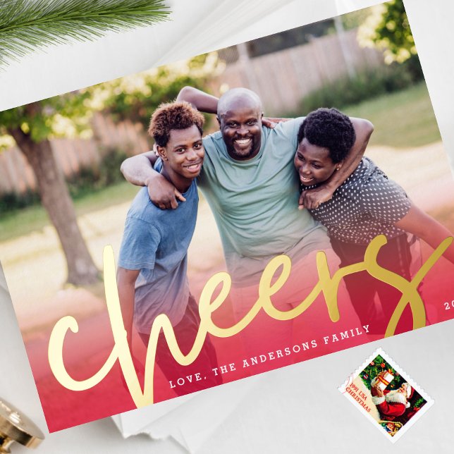 Carte De Vœux En Aluminium GOLD CHEERS | Red Gradient Joyeux Noël Photo (Créateur téléchargé)