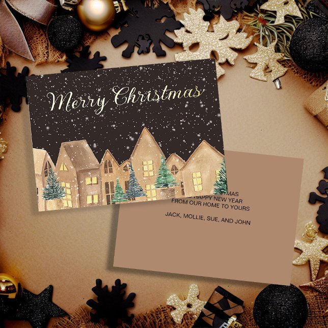 Carte De Vœux En Aluminium Gold Foil Village scandinave Maisons Noël (Scandinavian village gold foil Christmas greeting card personalized with your own message )
