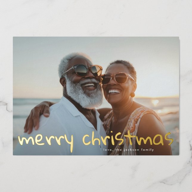 Carte De Vœux En Aluminium Gold Fun Joyeux Noël Famille Photo (Recto)