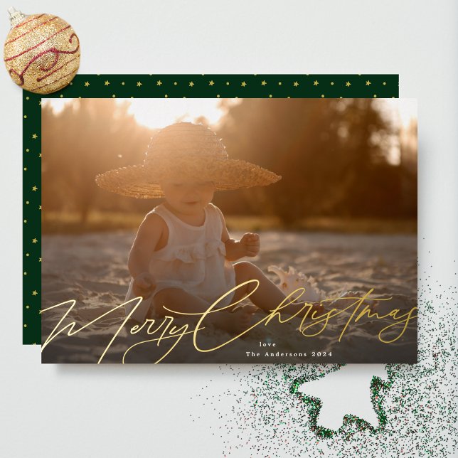 Carte De Vœux En Aluminium Gold Joyeux Noël Élégante Calligraphie Photo (Créateur téléchargé)