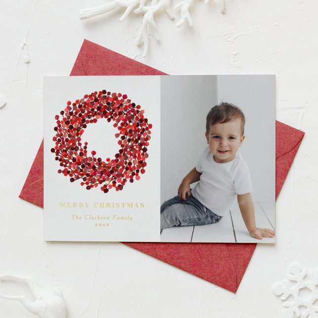 Carte De Vœux En Aluminium Gouache Red Winterberry Wreath Photo Noël (Créateur téléchargé)