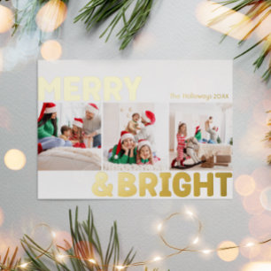Carte De Vœux En Aluminium Gras moderne Trois photo Merry et Bright Gold