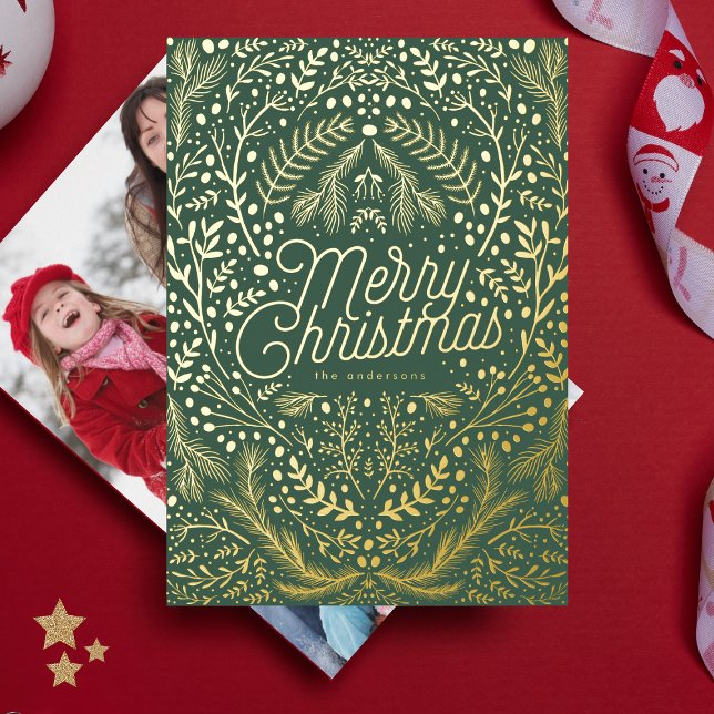 Carte De Vœux En Aluminium Green Botanical & Gold Joyeux Noël (Créateur téléchargé)
