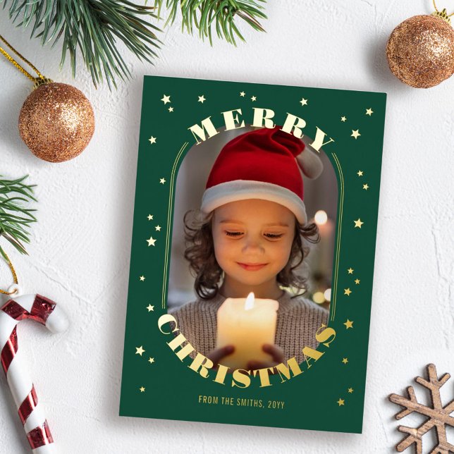 Carte De Vœux En Aluminium Green Gold Stars Oblong Photo Joyeux Noël (Créateur téléchargé)