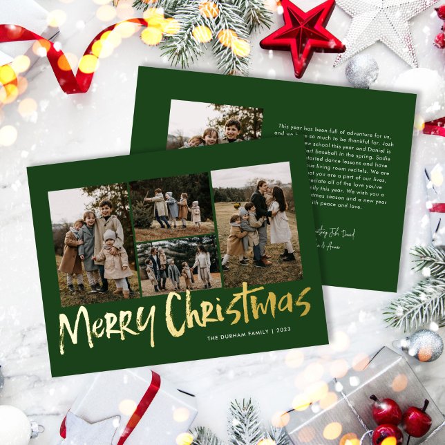 Carte De Vœux En Aluminium Green Modern Letting Cinq Photo Joyeux Noël (Créateur téléchargé)