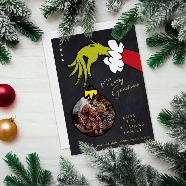 Carte De Vœux En Aluminium Grinch Joyeux Grinchmas Famille Photo Noël (Card on table)