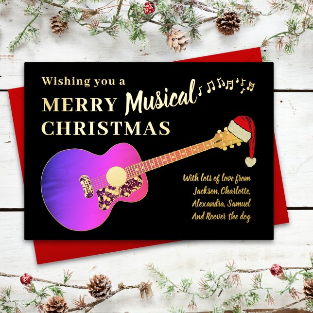Carte De Vœux En Aluminium Guitare de Noël Personnalisé Pink Gold (Christmas pink girly guitar wearing a santa hat personalized black & gold foil holiday greeting card)