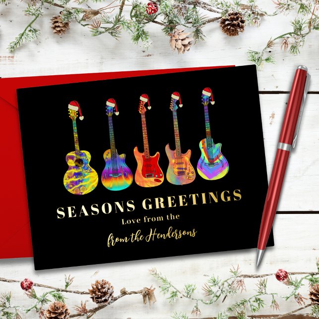 Carte De Vœux En Aluminium Guitare Festive Personnalisée Joyeuses Fêtes Gold (Music themed colorful Christmas guitars personalized seasons greetings black and gold foil card)
