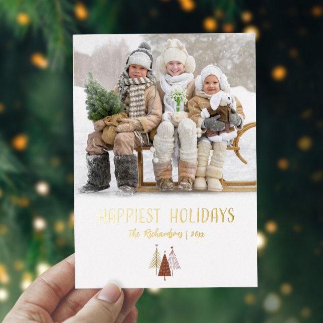 Carte De Vœux En Aluminium Happest Holidays Photo Personnalisée Elegant Gold (Happiest Holidays Photo Personalized Elegant Gold Foil Holiday Card)