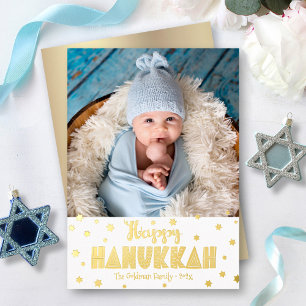 Carte De Vœux En Aluminium Happy Hanoukka Photo Whimsical Stars Real Gold