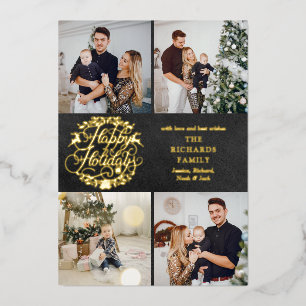 Carte De Vœux En Aluminium Happy Holidays 4 Photo Collage Chalkboard Gold