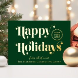 Carte De Vœux En Aluminium Happy Holidays Business Logo Green Christmas Gold