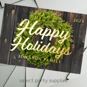 Carte De Vœux En Aluminium Happy Holidays Country Rustic Pine Wreath Wood