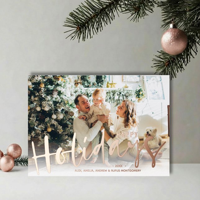 Carte De Vœux En Aluminium Happy Holidays Script Photo Rose Gold (REAL ROSE GOLD FOIL Happy Holidays script photo greeting cards)