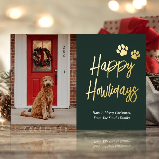 Carte De Vœux En Aluminium Happy Howlidays Green Gold Calligraphy Pet Photo (Créateur téléchargé)