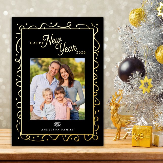 Carte De Vœux En Aluminium Happy New Year Photo Script Gold Foil (Créateur téléchargé)