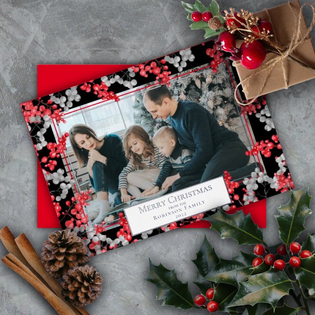 Carte De Vœux En Aluminium Holly Berries Elegant Joyeux Noël Photo (Créateur téléchargé)