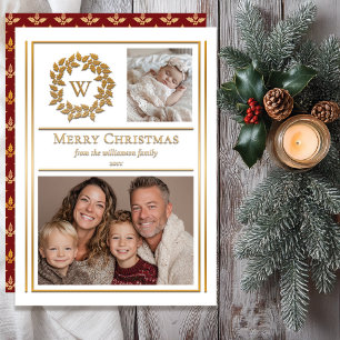 Carte De Vœux En Aluminium Holly et Baies Monogramme Photo Noël Fêtes