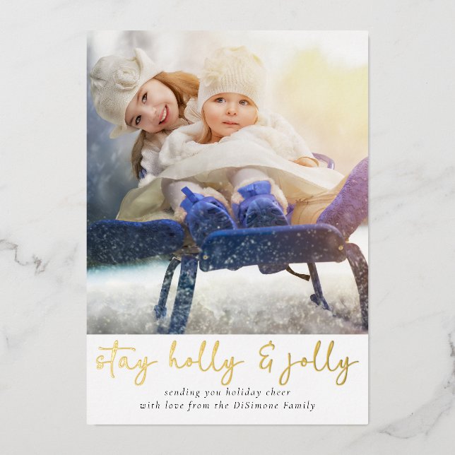 Carte De Vœux En Aluminium Holly Jolly Family Photo Gold (Recto)