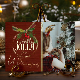 Carte De Vœux En Aluminium Holly Jolly Rouge Noël Avec Holly Berry Gold