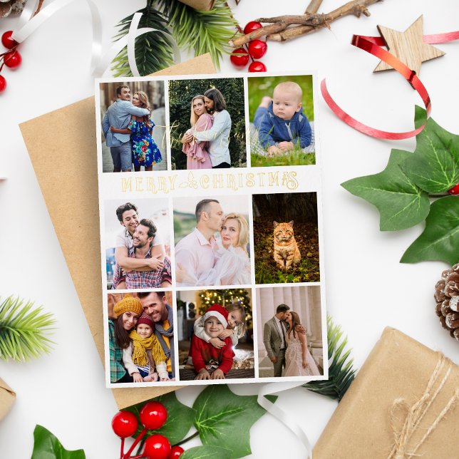 Carte De Vœux En Aluminium Holly Modern Elegant Collage 10 Photos Family (Holly Modern Elegant Collage 10 Photos Family Christmas Holiday Card.)