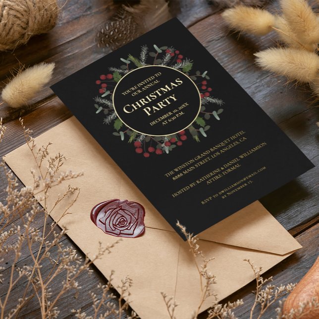Carte De Vœux En Aluminium Holly Wreath Gold Foil Entreprise Noël (Corporate Christmas Party invitation in black, red, green wreath holiday foliage and real gold foil.)