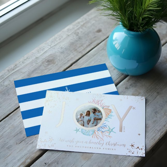Carte De Vœux En Aluminium Joie Bleue Noël Côtier Plage Coquillage Photo (Joy Blue Coastal Christmas Beach Seashell Photo Foil Holiday Card)