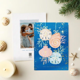 Carte De Vœux En Aluminium Joie Noël Océan Aquarelle Coquillage Ornements