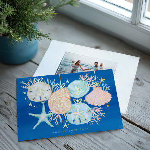 Carte De Vœux En Aluminium Joie Noël Océan Aquarelle Coquillage Ornements