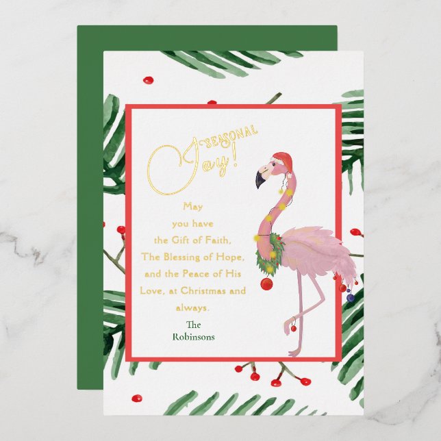 Carte De Vœux En Aluminium Joie saisonnière Feuilles tropicaux Pink Père Noël (Recto/Verso)